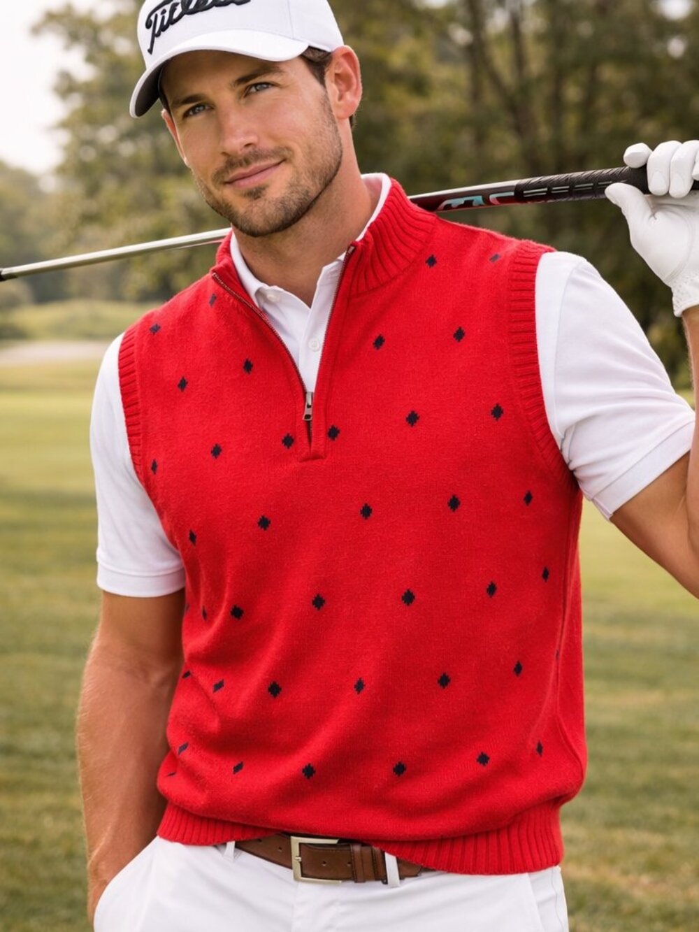 Martin Sweater Vest Mens XL Red Diamond Italian Merino Wool Lined Golf Preppy